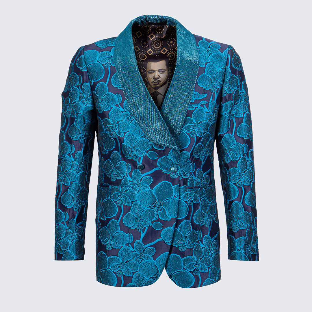 Turquoise Floral Tuxedo Jacket Slim Fit with Satin Shawl Lapel - Wedding - Prom