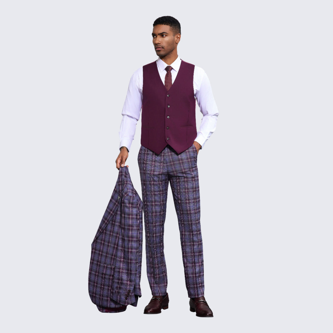 Men's Wine and Grey Plaid Suit Three Piece Set - Wedding - Prom