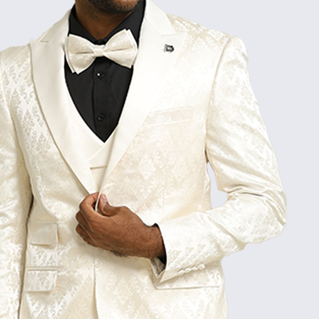 Off-White / Ivory Satin Damask 4-Piece Tuxedo Set with Peak Lapel – Wedding & Prom