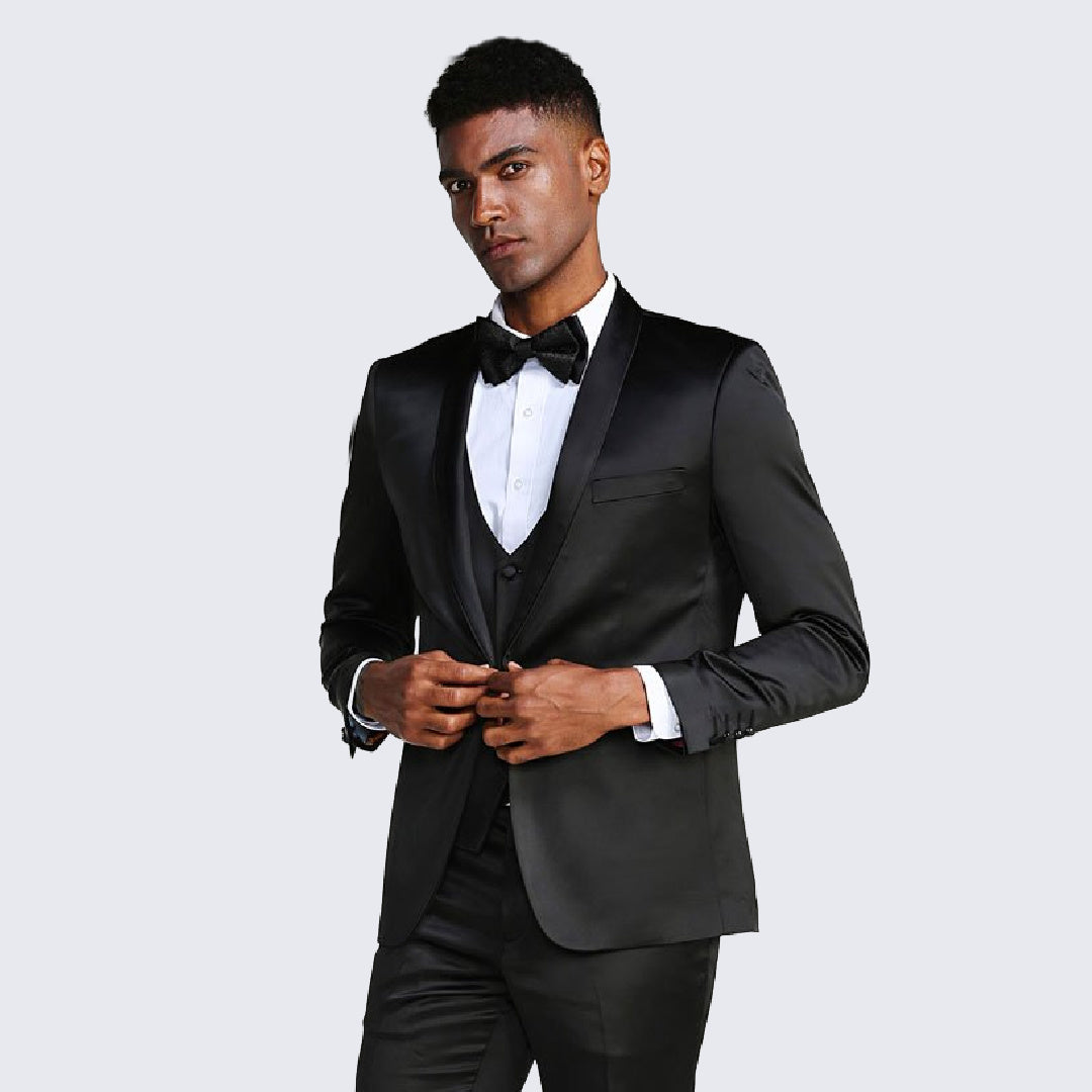[DISCOUNTED] Black Slim Fit Tuxedo Fully Satin Four Piece Set - Limited Sizes