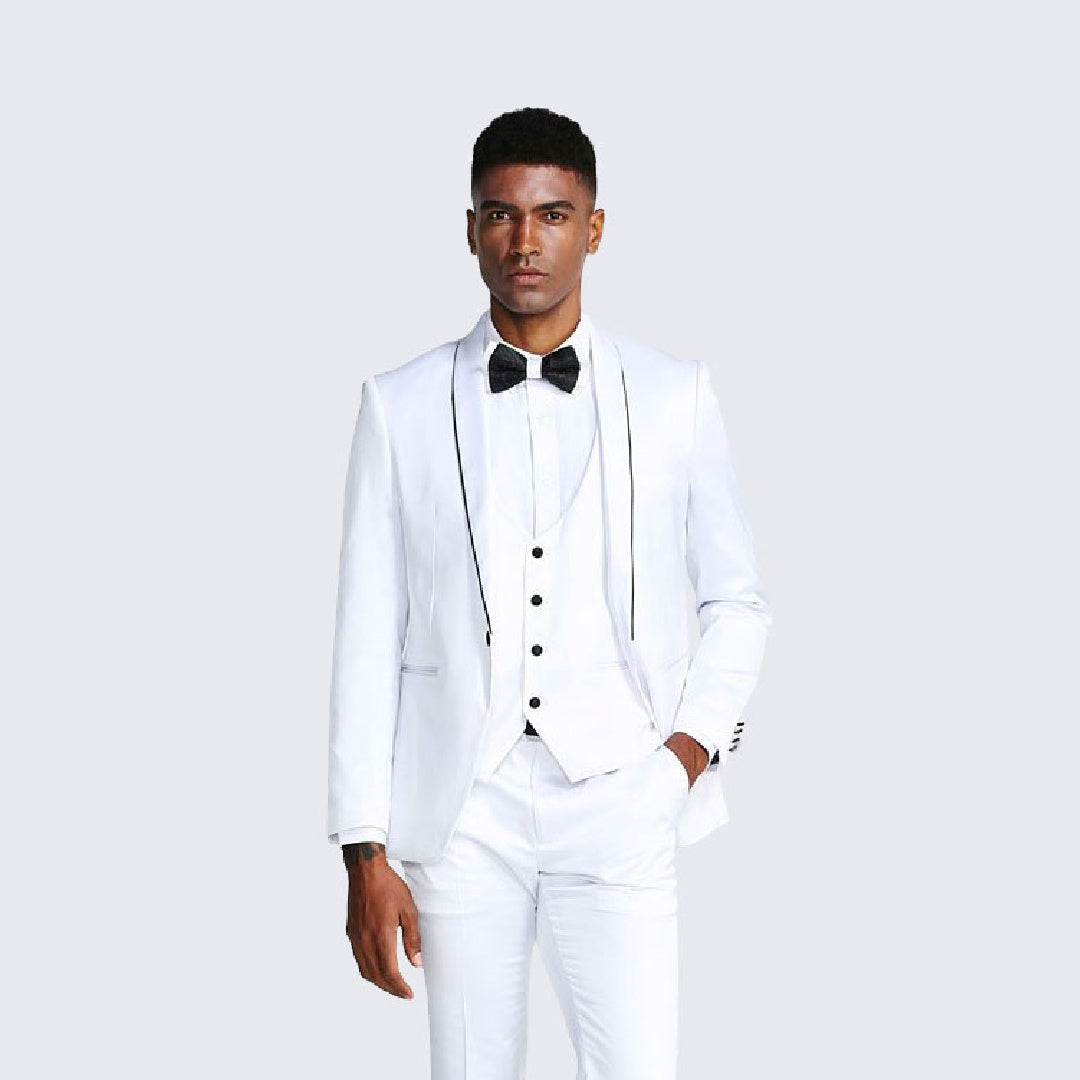 [DISCOUNTED] White Slim Fit Tuxedo Fully Satin Four Piece Set - Limited Sizes