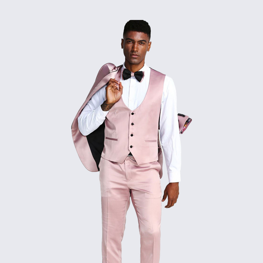 [DISCOUNTED] Dusty Rose Slim Fit Tuxedo Fully Satin Four Piece Set - Limited Sizes
