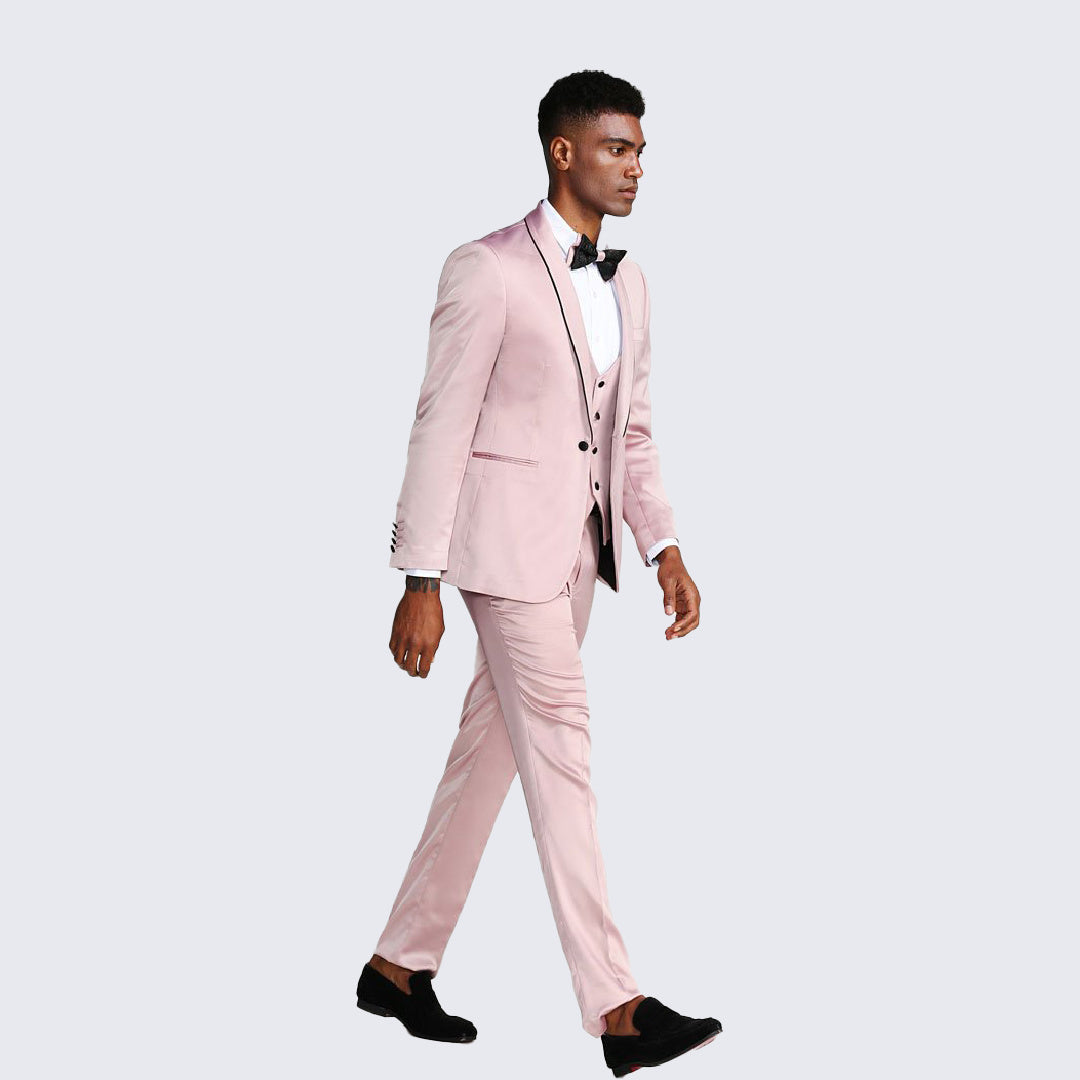 [DISCOUNTED] Dusty Rose Slim Fit Tuxedo Fully Satin Four Piece Set - Limited Sizes
