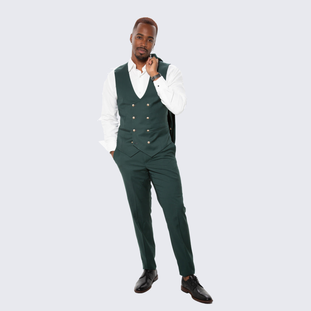 [DISCOUNTED] Green Skinny Fit Suit Three Piece Set with Double Breasted Vest - Limited Sizes