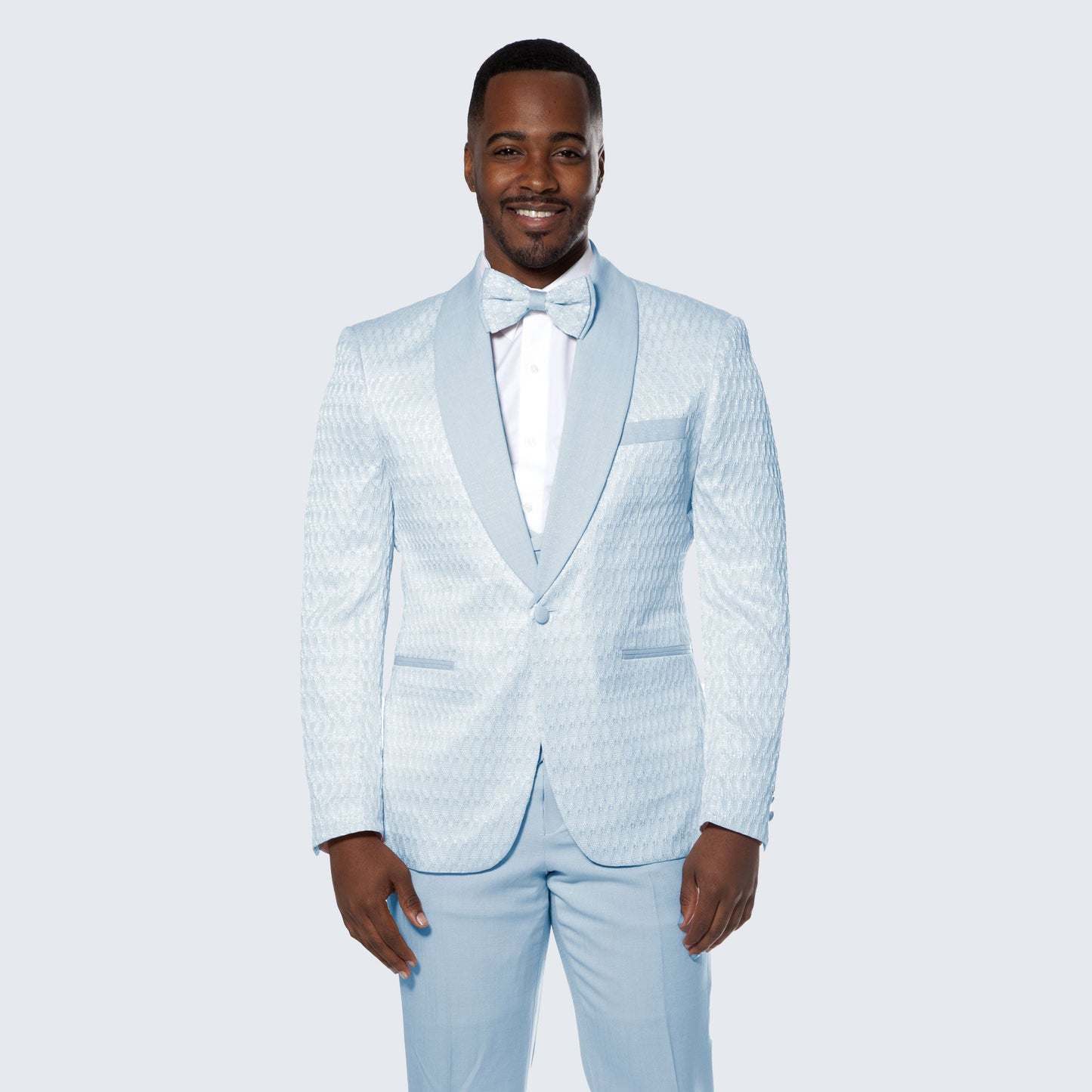 [DISCOUNTED] Sky Blue Tuxedo with Textured Pattern Four Piece Set - Limited Sizes