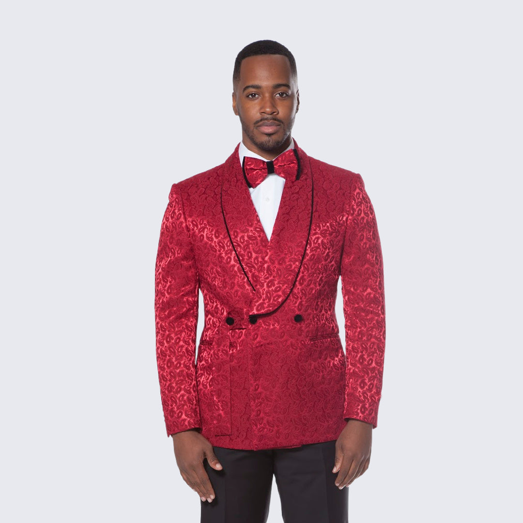 [DISCOUNTED] Burgundy Tuxedo with Textured Paisley Design Three Piece Set - Limited Sizes