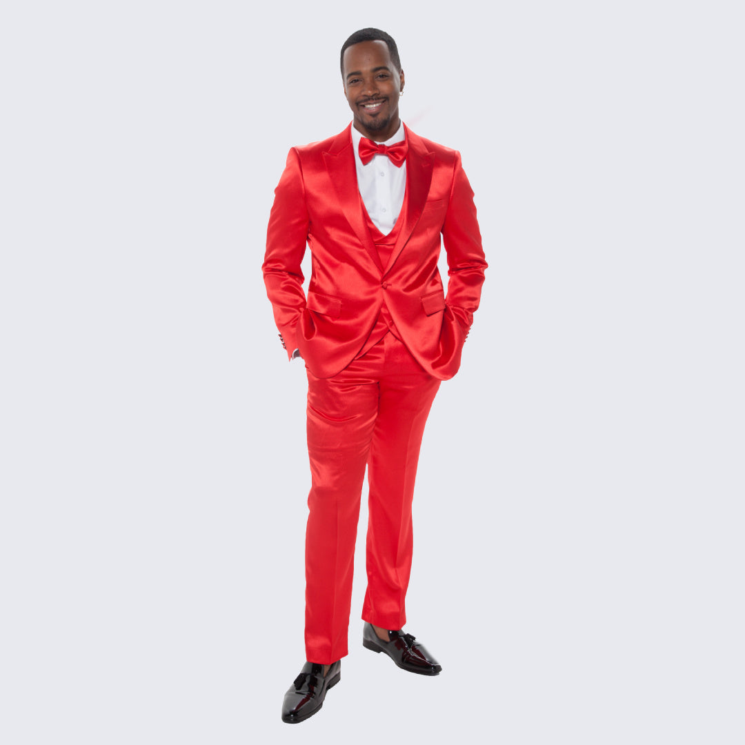[DISCOUNTED] Red Satin Tuxedo Four Piece Set - Limited Sizes