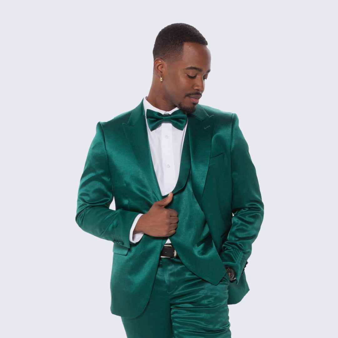 [DISCOUNTED] Emerald Green Satin Tuxedo Four Piece Set - Limited Sizes