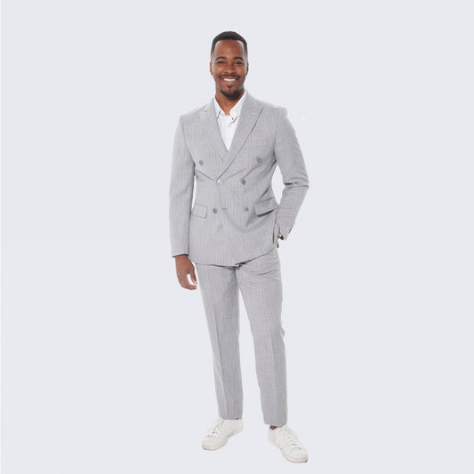 [DISCOUNTED] Gray Pinstripe Suit Double Breasted Wide Peak Lapel - Limited Sizes
