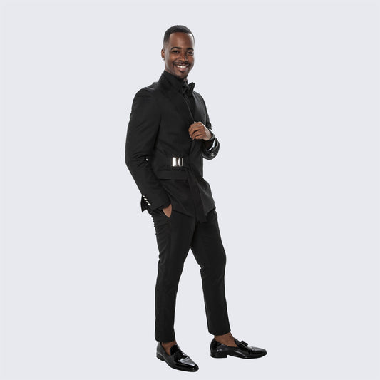 Men's Black Suit with Waist Tie Two Piece Set- Wedding - Prom