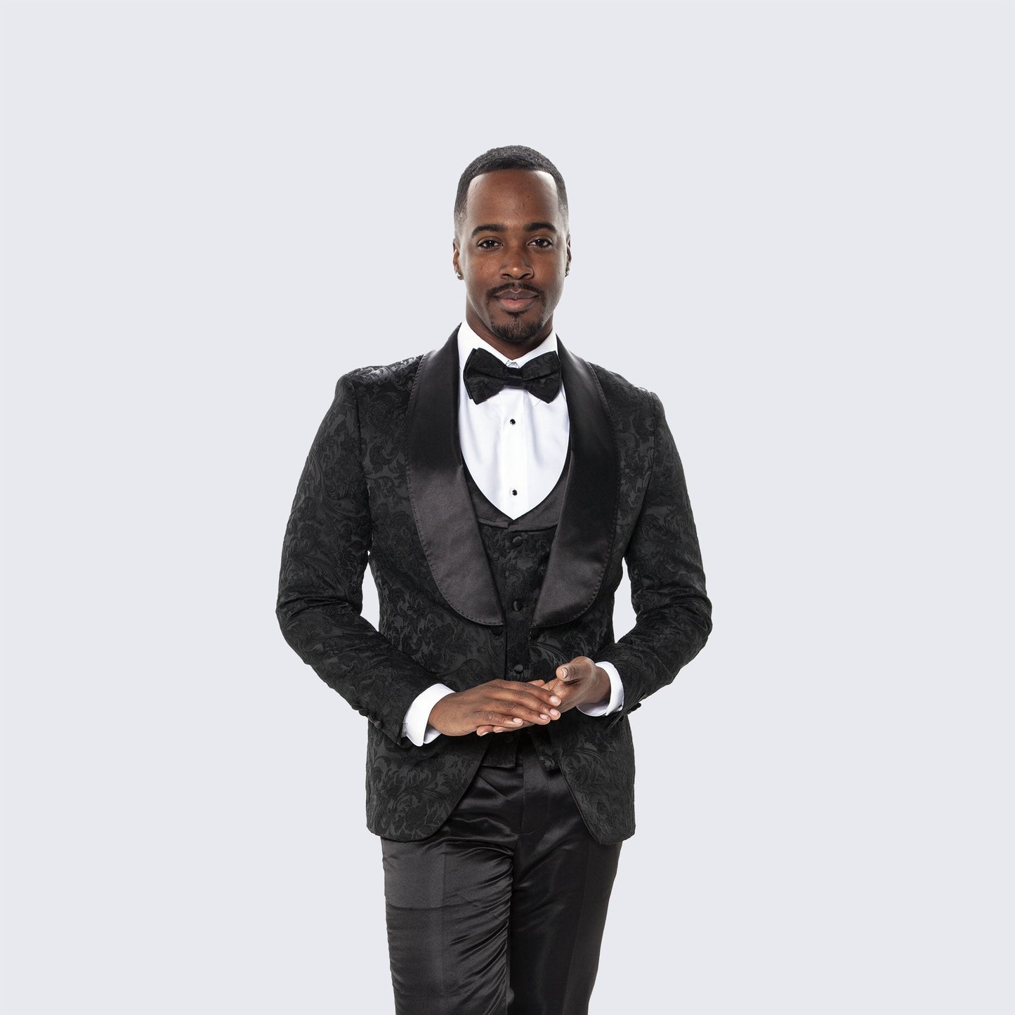 [DISCOUNTED] Men's Black Tuxedo with Floral Design Four Piece Set- Limited Sizes