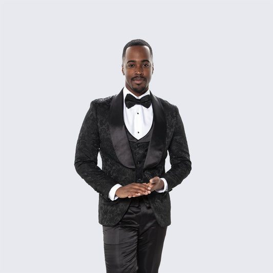 [DISCOUNTED] Men's Black Tuxedo with Floral Design Four Piece Set- Limited Sizes