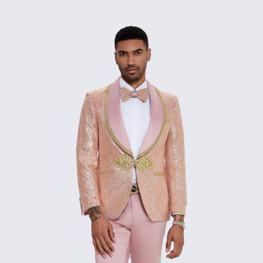 Men's Pink Tuxedo with Gold Textured Paisley Design- Wedding - Prom
