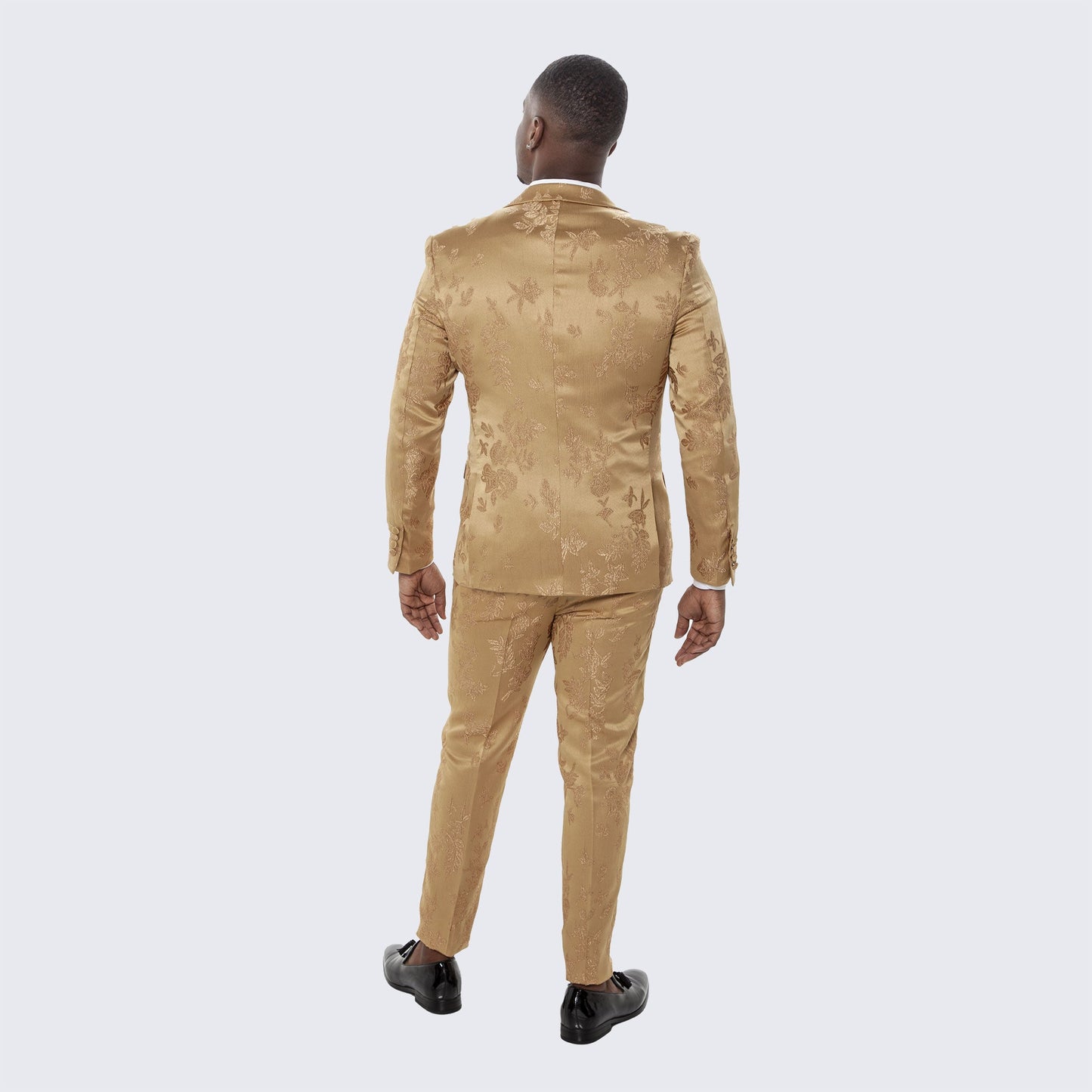 Gold Floral Jacquard Satin Tuxedo with Peak Lapel – Wedding & Prom