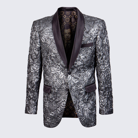 Silver Floral Tuxedo Jacket Slim Fit with Shawl Lapel- Wedding - Prom