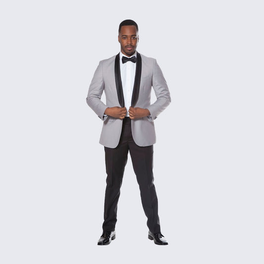 [DISCOUNTED] Grey Tuxedo Jacket with Black Satin Shawl Lapel Slim Fit - Limited Sizes