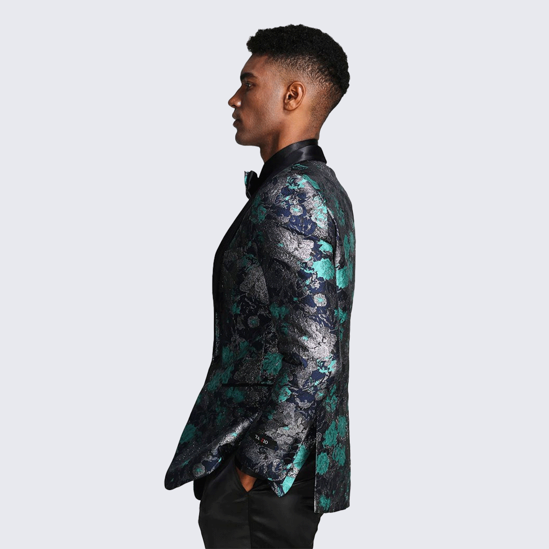 [DISCOUNTED] Turquoise Tuxedo Jacket Floral Pattern Slim Fit - Limited Sizes