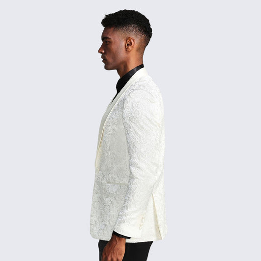 [DISCOUNTED] Ivory Tuxedo Jacket Paisley Pattern Slim Fit - Limited Sizes