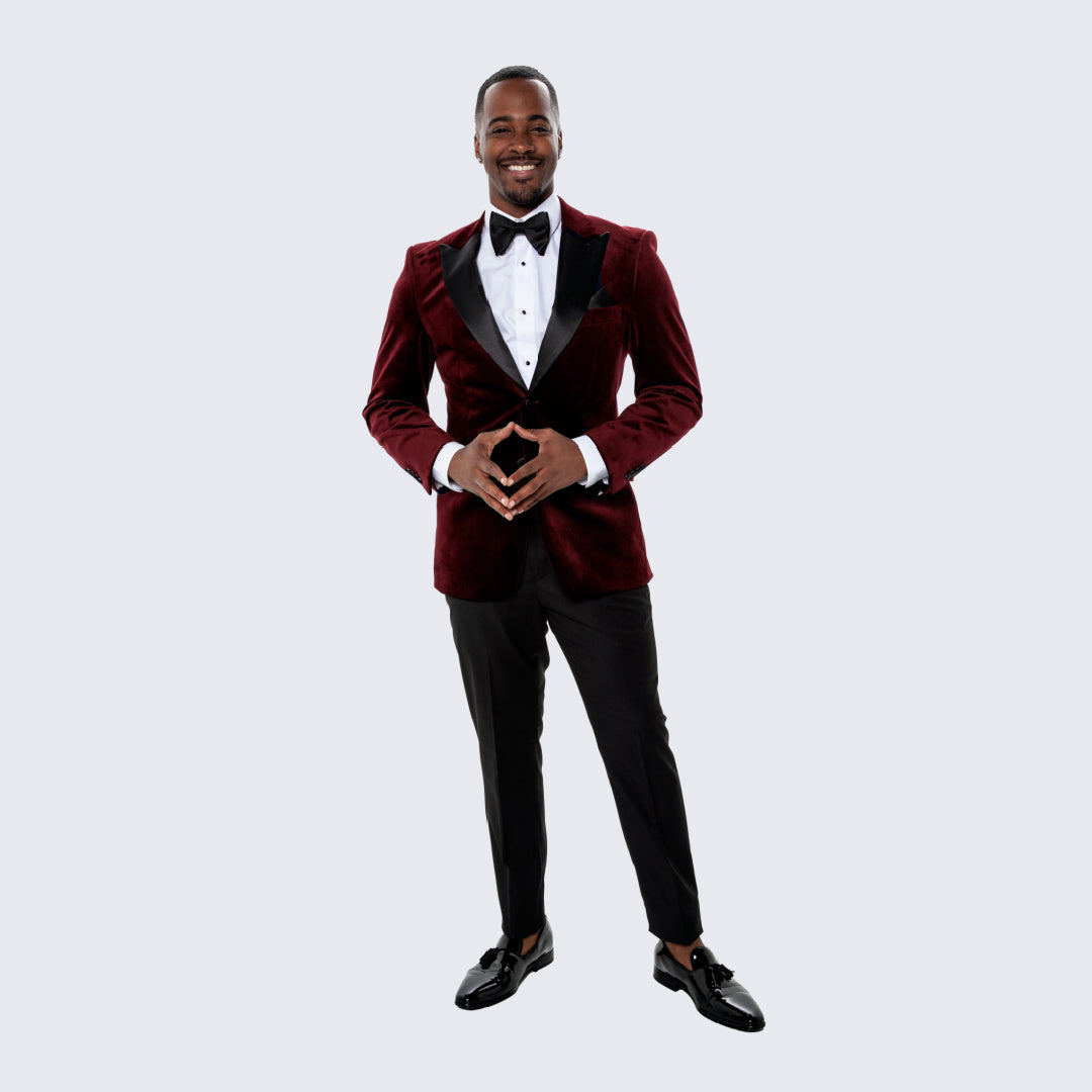 [DISCOUNTED] Burgundy Velvet Tuxedo Jacket with Large Peak Lapel - Limited Sizes