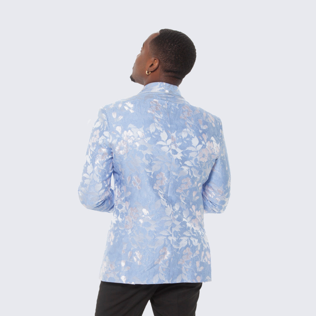 [DISCOUNTED] Sky Blue and Silver Floral Design Tuxedo Jacket Slim Fit - Limited Sizes