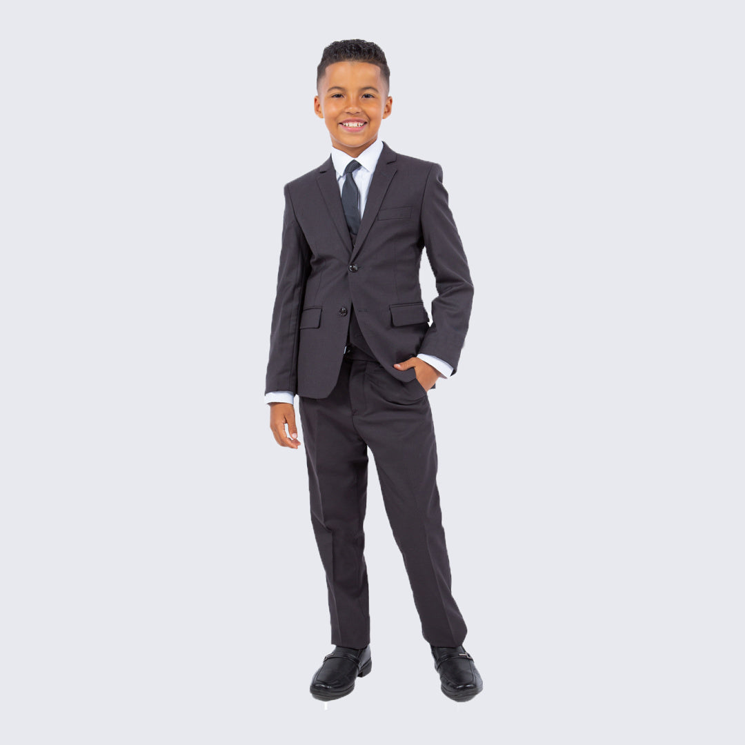 Boys Dark Gray Slim Fit 5-Piece Suit Set – Wedding & Ring Bearer