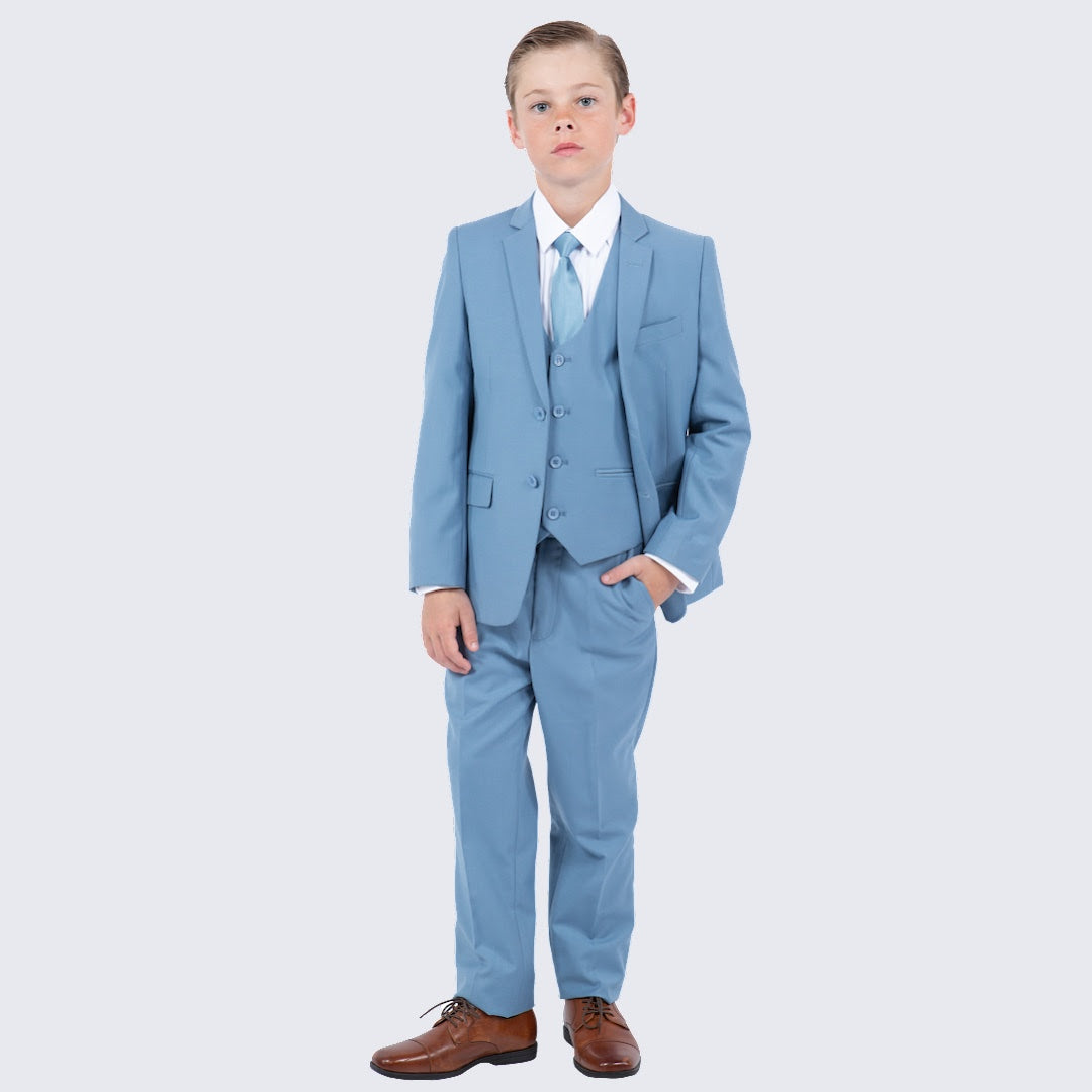 Boys Dusty Blue Slim Fit 5-Piece Suit – Wedding & Ring Bearer