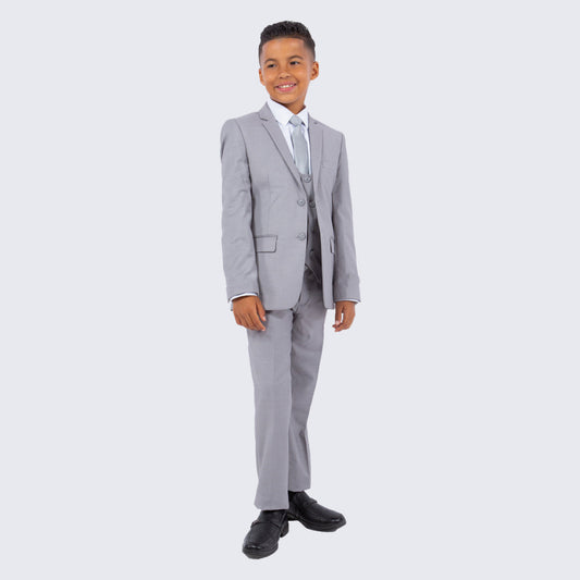 Boys Light Gray 5-Piece Suit Set – Slim Fit Wedding & Ring Bearer