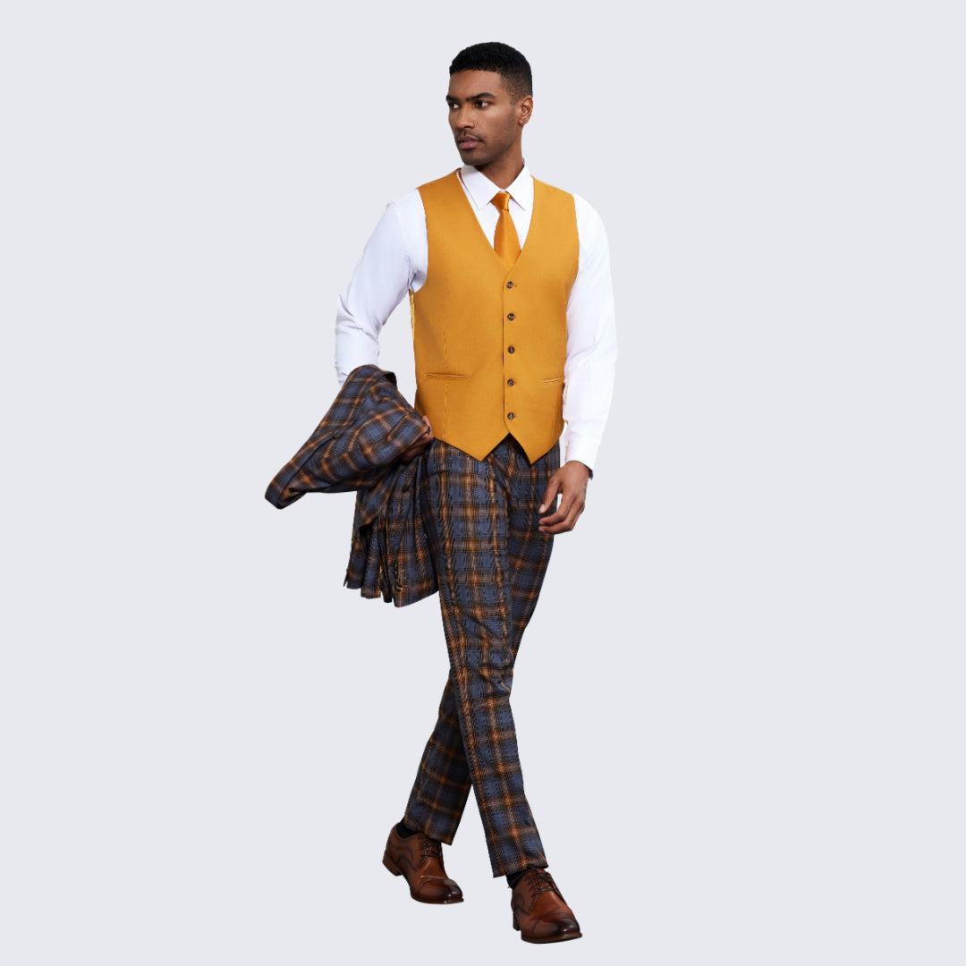 Men's Blue and Orange Plaid Suit Three Piece Set - Wedding - Prom