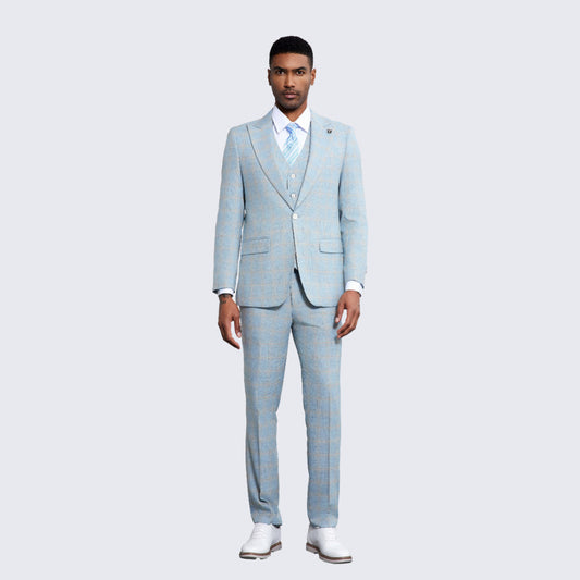 Men's Baby Blue Windowpane Suit Three Piece Set- Wedding - Prom