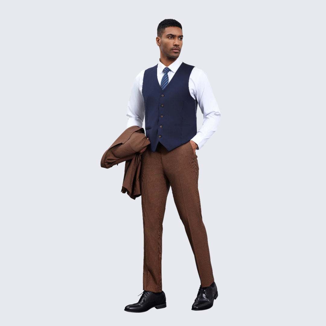 Men's Brown and Navy Glen Plaid Suit Three Piece Set - Wedding - Prom