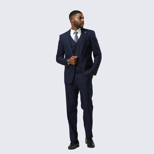 Navy Windowpane Three-Piece Suit with Peak Lapel – Wedding & Prom