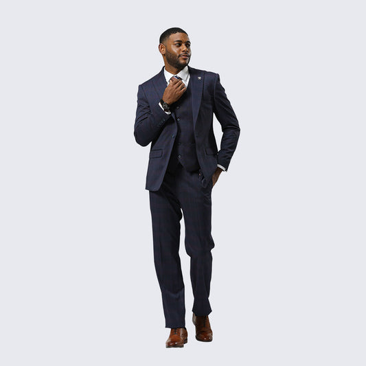 Navy Glen Check Three-Piece Suit with Peak Lapel – Wedding & Prom