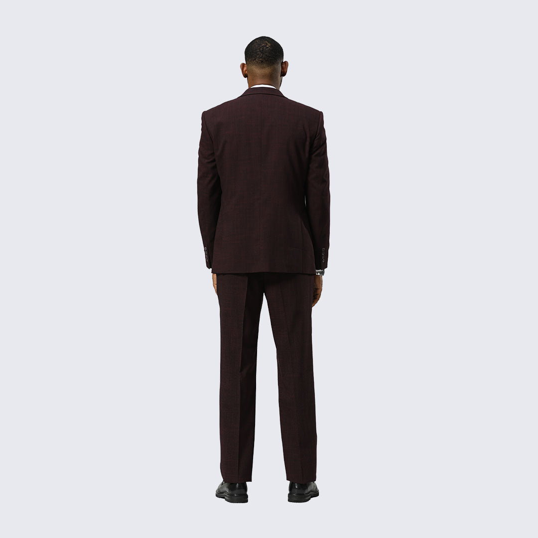 Burgundy Canvas-Print Three-Piece Suit with Peak Lapel – Wedding & Prom