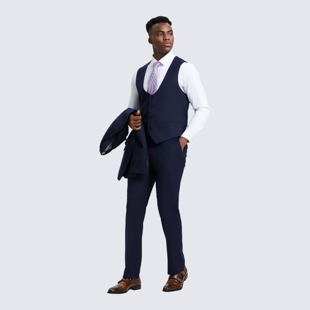 [DISCOUNTED] Navy Blue Slim Fit Three Piece Suit with Large Peak Lapel by Stacy Adams - Limited Sizes