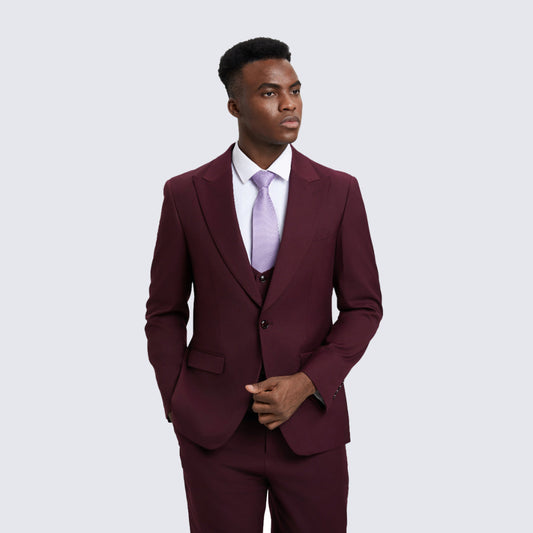 Burgundy Slim Fit 3-Piece Suit with Large Peak Lapel – Wedding & Prom