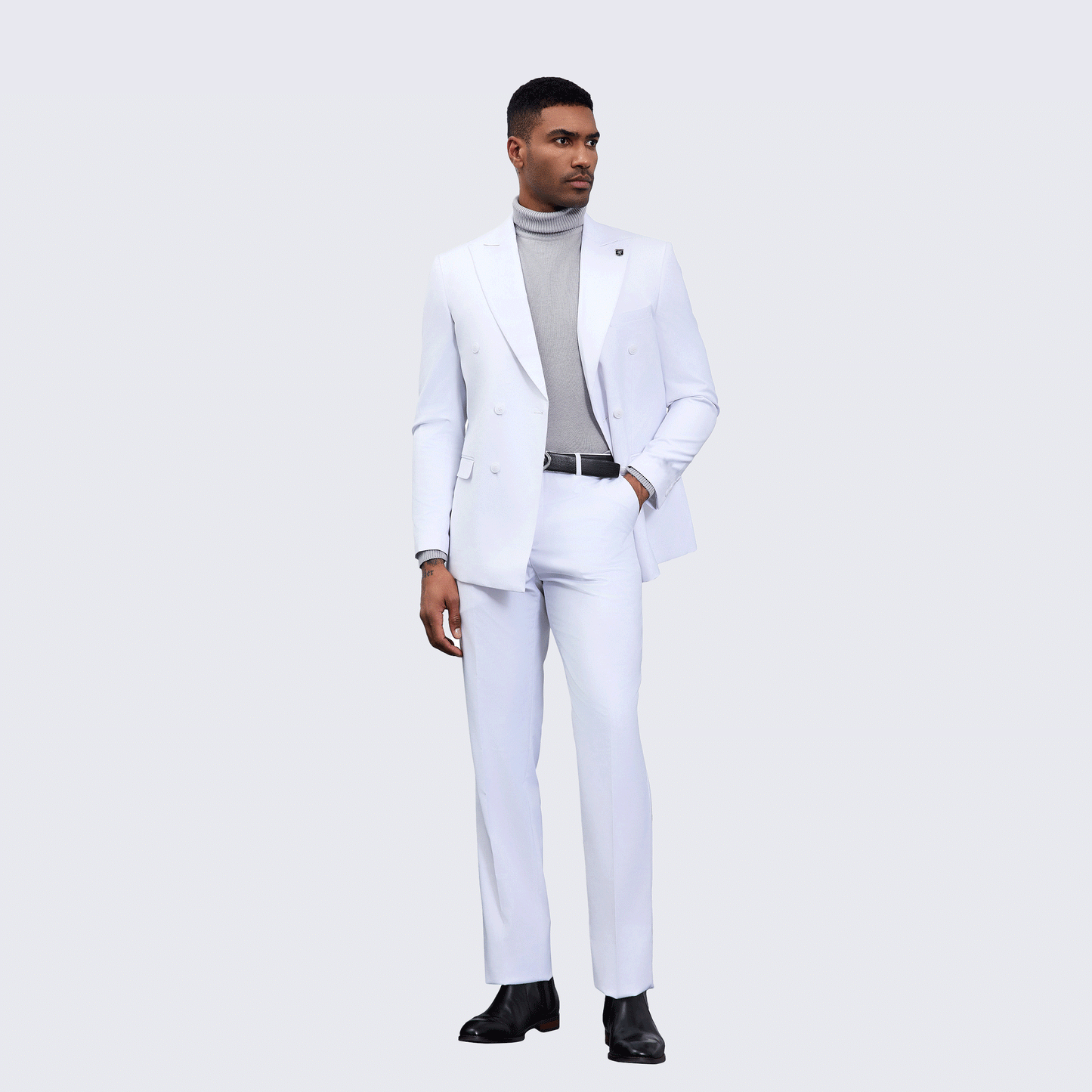 Men’s Double Breasted White Suit with Peak Lapel – Wedding & Prom