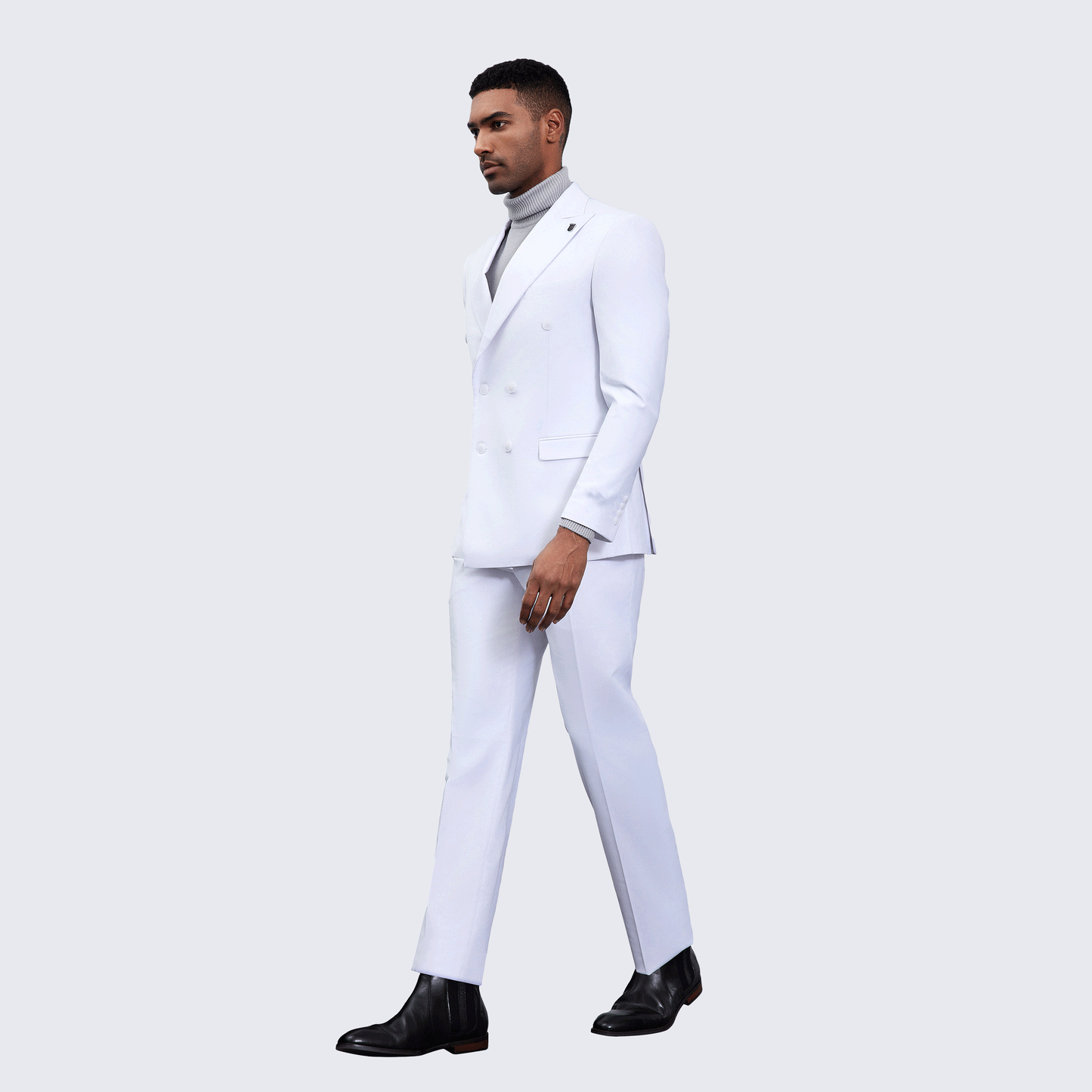 Men’s Double Breasted White Suit with Peak Lapel – Wedding & Prom