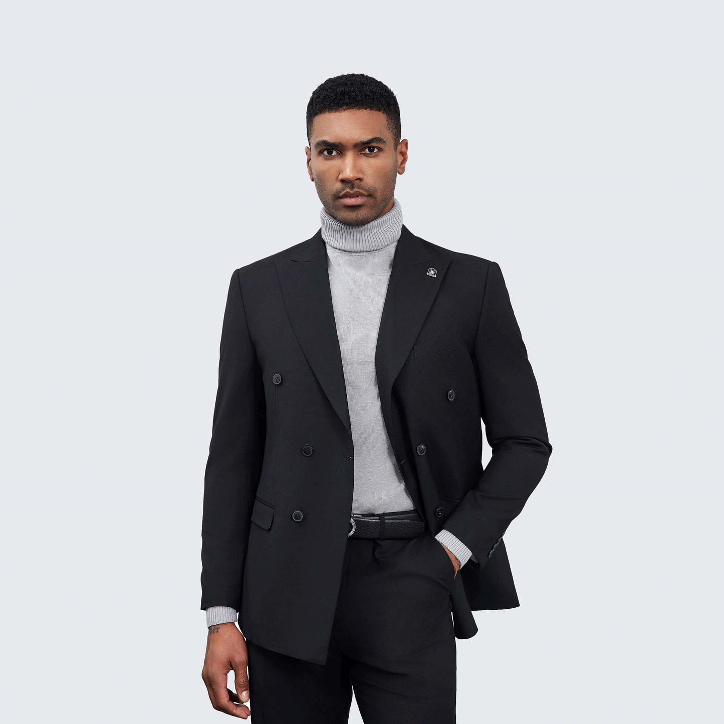 Men’s Double-Breasted Black Suit with Peak Lapel – Wedding & Prom