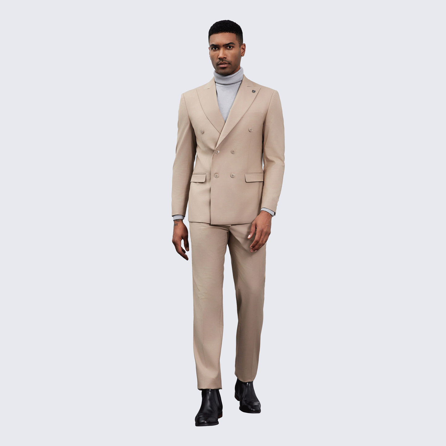 Men’s Double Breasted Tan Suit with Peak Lapel – Wedding & Prom
