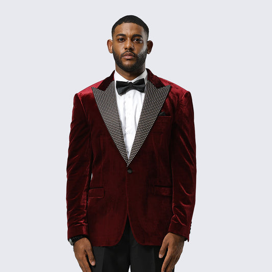 Burgundy Velvet Tuxedo Jacket with Rhinestone Peak Lapel – Wedding & Prom