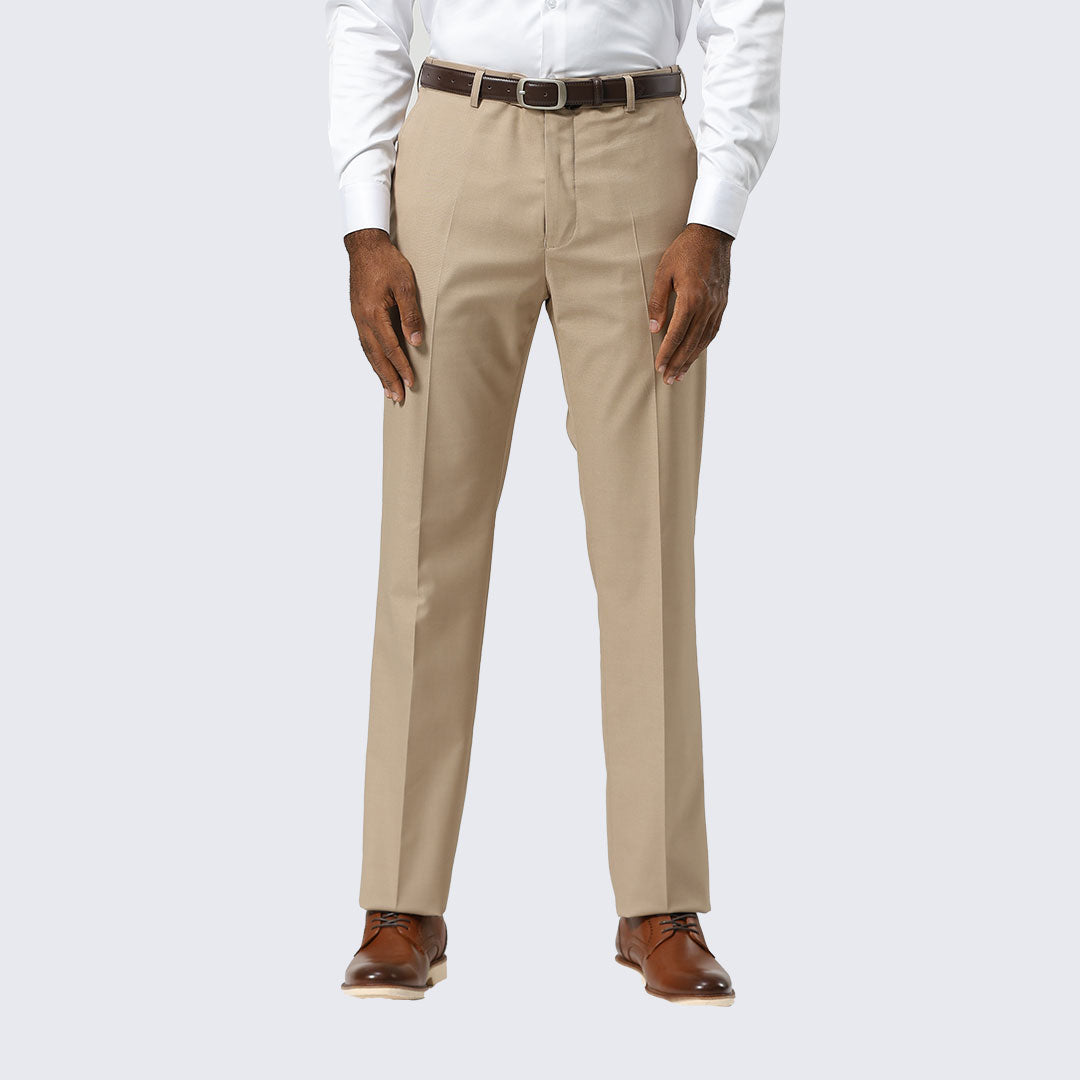 Tan Modern Fit Dress Pants – Flat Front, Unhemmed (Expandable Waistband)