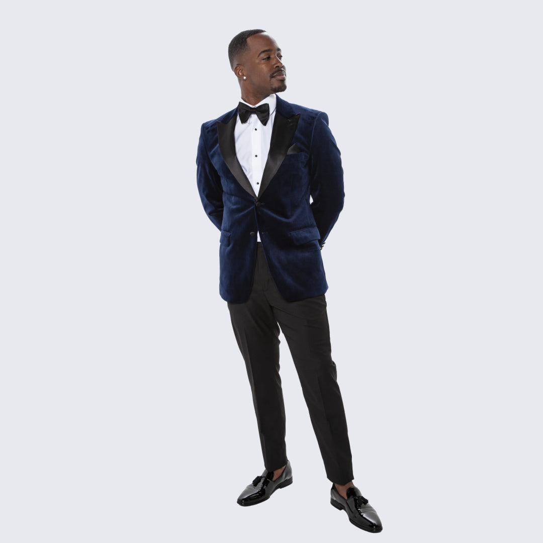 [DISCOUNTED] Navy Velvet Tuxedo Jacket with Large Peak Lapel - Limited Sizes
