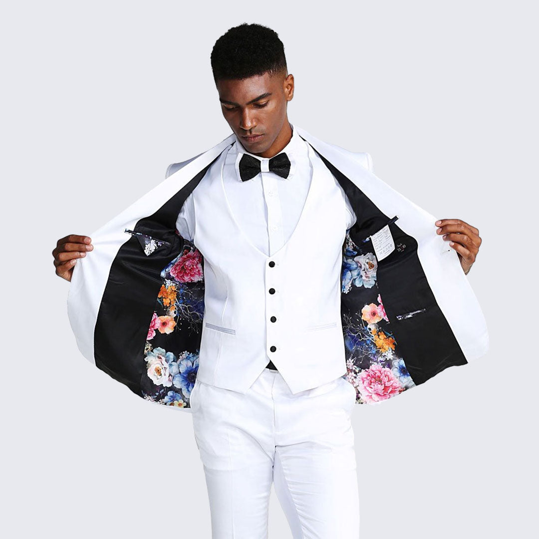 [DISCOUNTED] White Slim Fit Tuxedo Fully Satin Four Piece Set - Limited Sizes