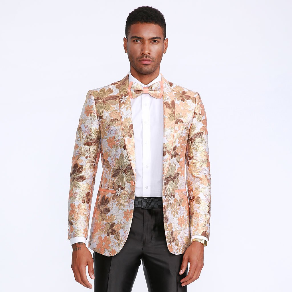 [DISCOUNTED] Orange Floral Tuxedo Jacket Slim Fit - Limited Sizes