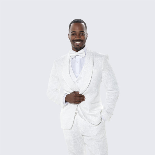[DISCOUNTED] Men's White Tuxedo with Floral Design Three Piece Set - Limited Sizes